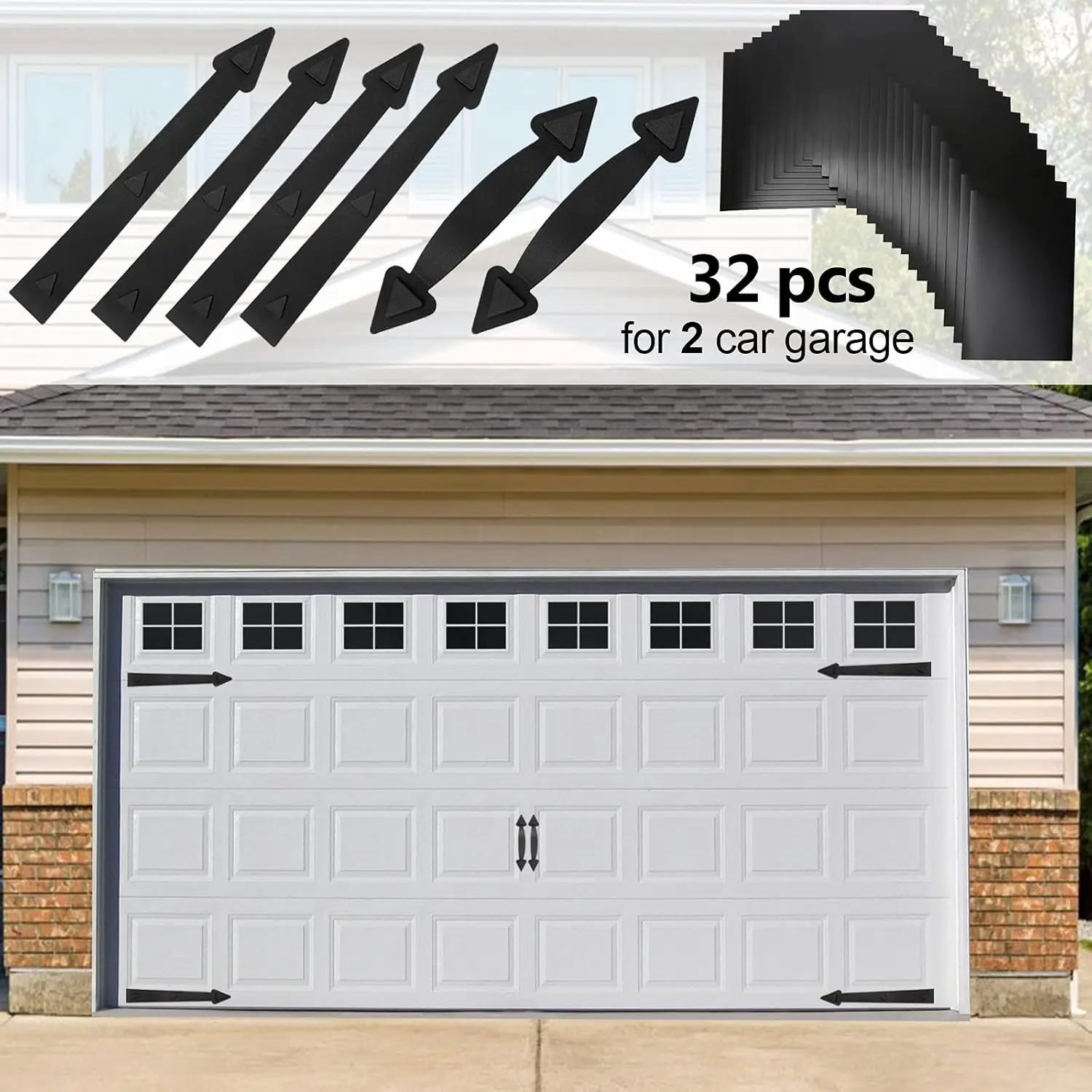 Magnetic Garage Door Decoration Kit, 32-Piece PVC Vinyl Set with Faux Windows, Hinges and Black Handles, 32 Pieces