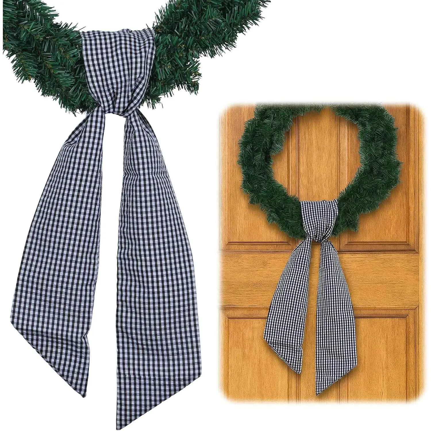 Black White Gingham Wreath Sash for Front Door Wreath, 5.12" Wide x 54.33" Halloween Modern  Holiday Door Decorations Wedding