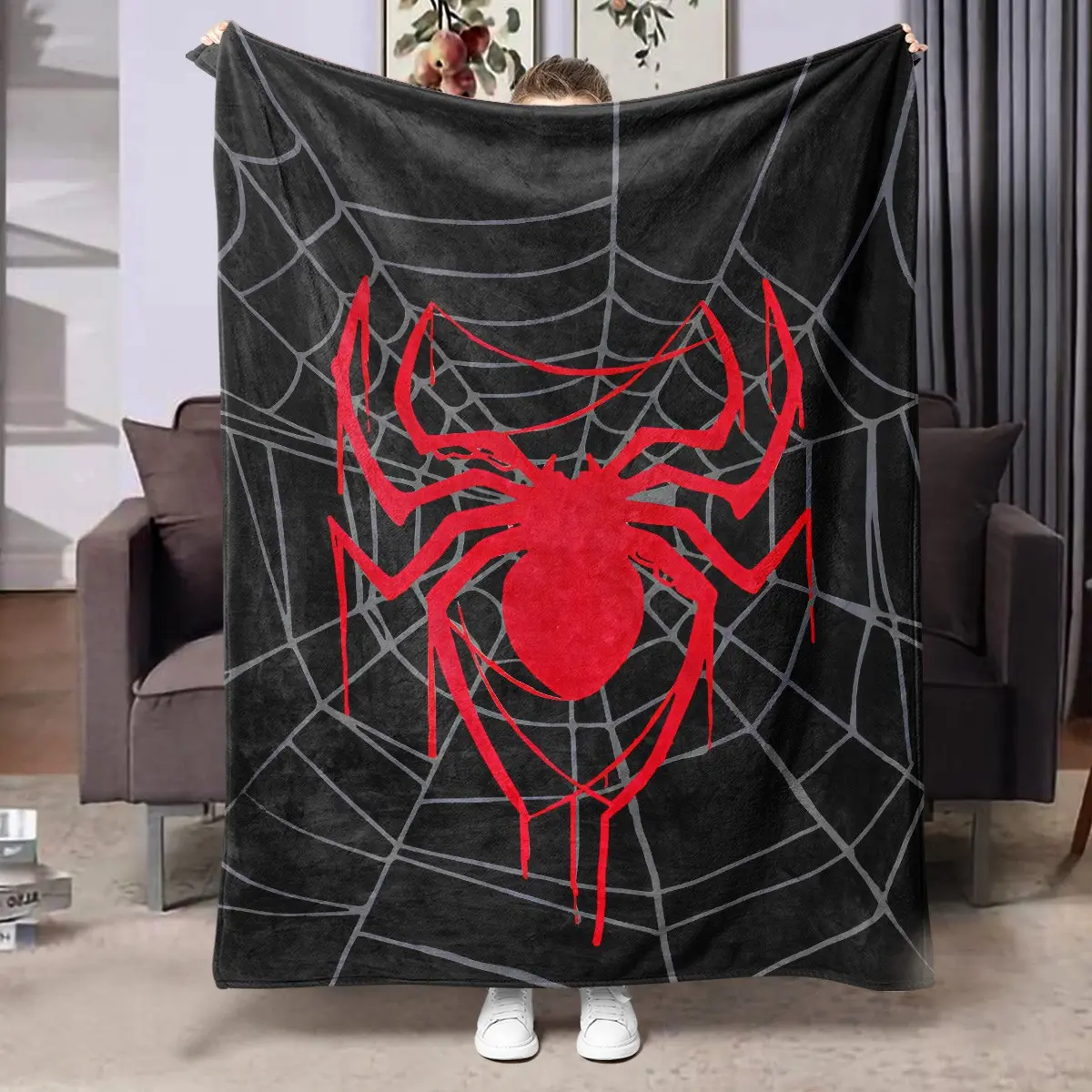 1pc Black Background Red Trendy Graffiti Spider-Man Themed Fleece Blanket, full print red dripping fluid spider, gray grid spider web, splatter blood spider lines, geometric web threads, goth dark street style soft warm comfortable nap blanket, suitable f