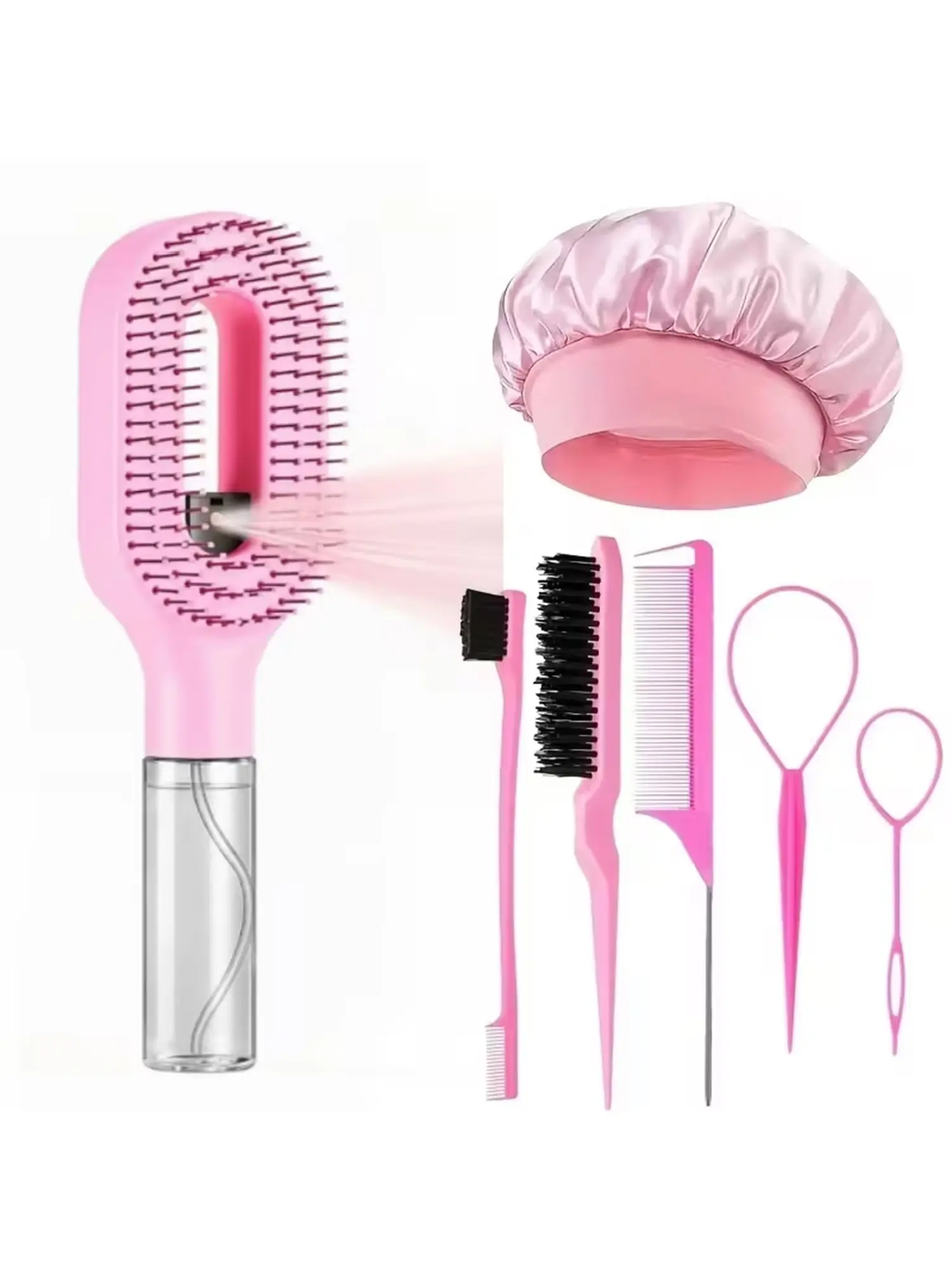 7-Piece Hair Comb Set for Women, Includes Detangler Brush, Spray Bottle, Silk Sleep Cap, Tail Comb, Edge Brush, Ideal for Styling