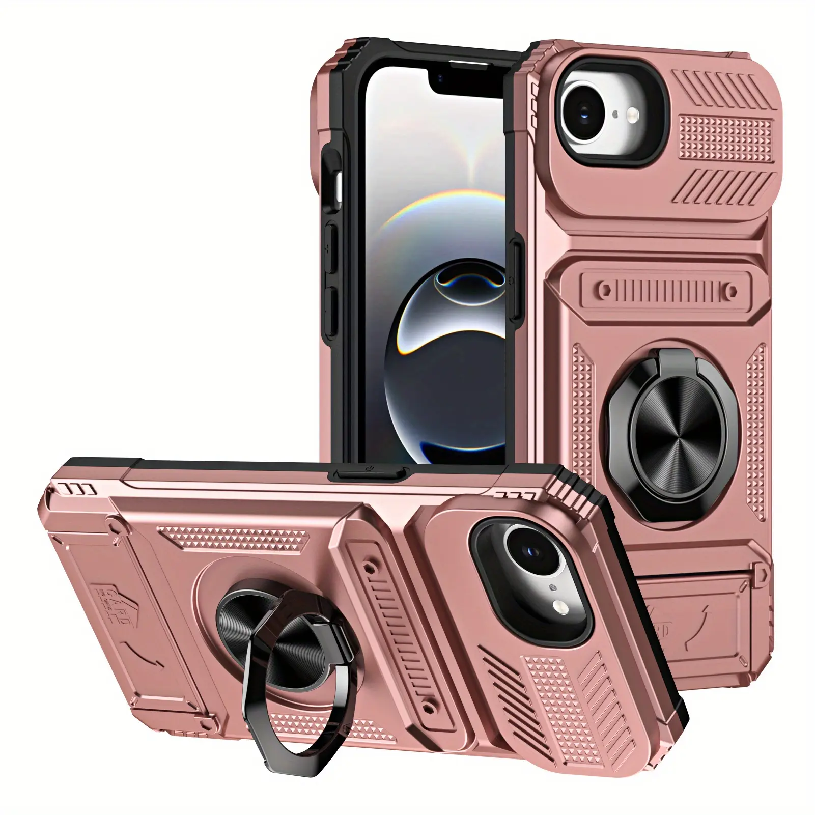 Rugged Wallet Card Holder Phone Case for iPhone 17/16/15/14/13/12 Pro Max Plus Air, Built-in Ring Kickstand Heavy Duty Anti-Drop Dual Layer TPU+PC Shell