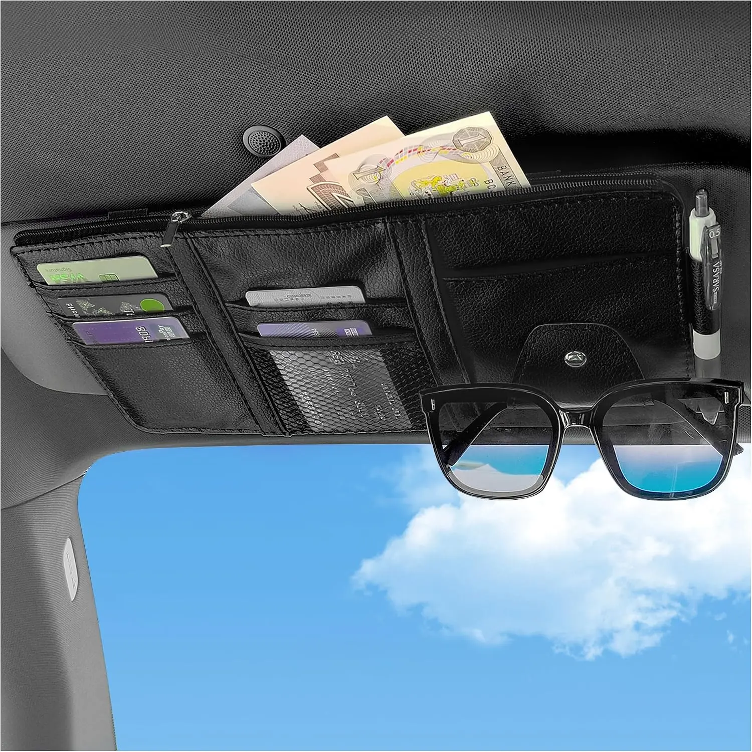 Car Sun Visor Organizer with Sunglass Holder - PU Leather Synthetic Interior Accessory, Zippered Compartment for Cards, Tickets, Documents and Bills Storage (Black)