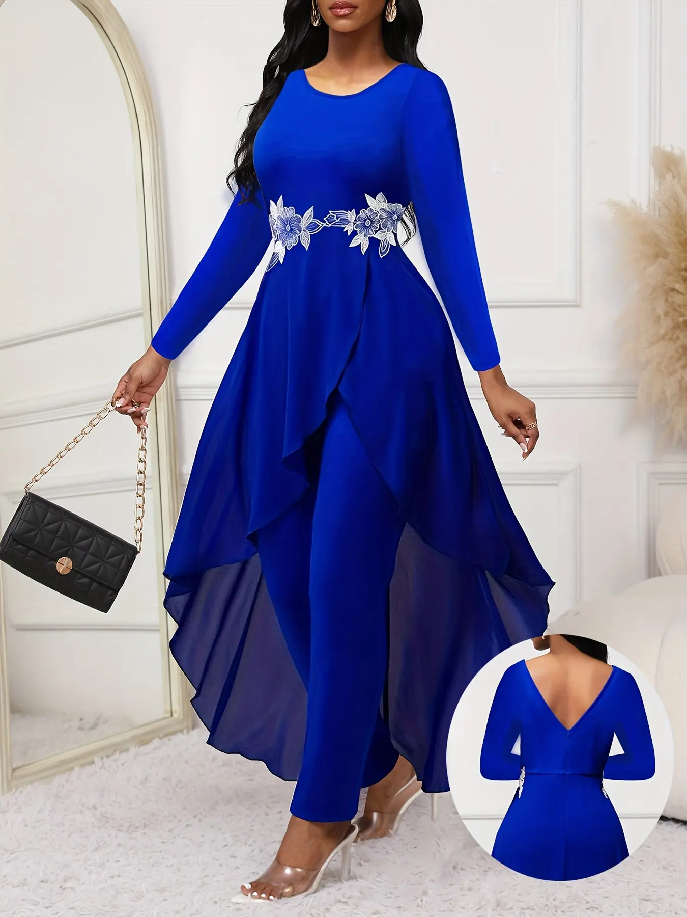 Modern Design Blue Lace Patchwork Two-Piece Set, Fashion Slim Fit Bodycon Dress, Elegant Overall Skirt for Parties
