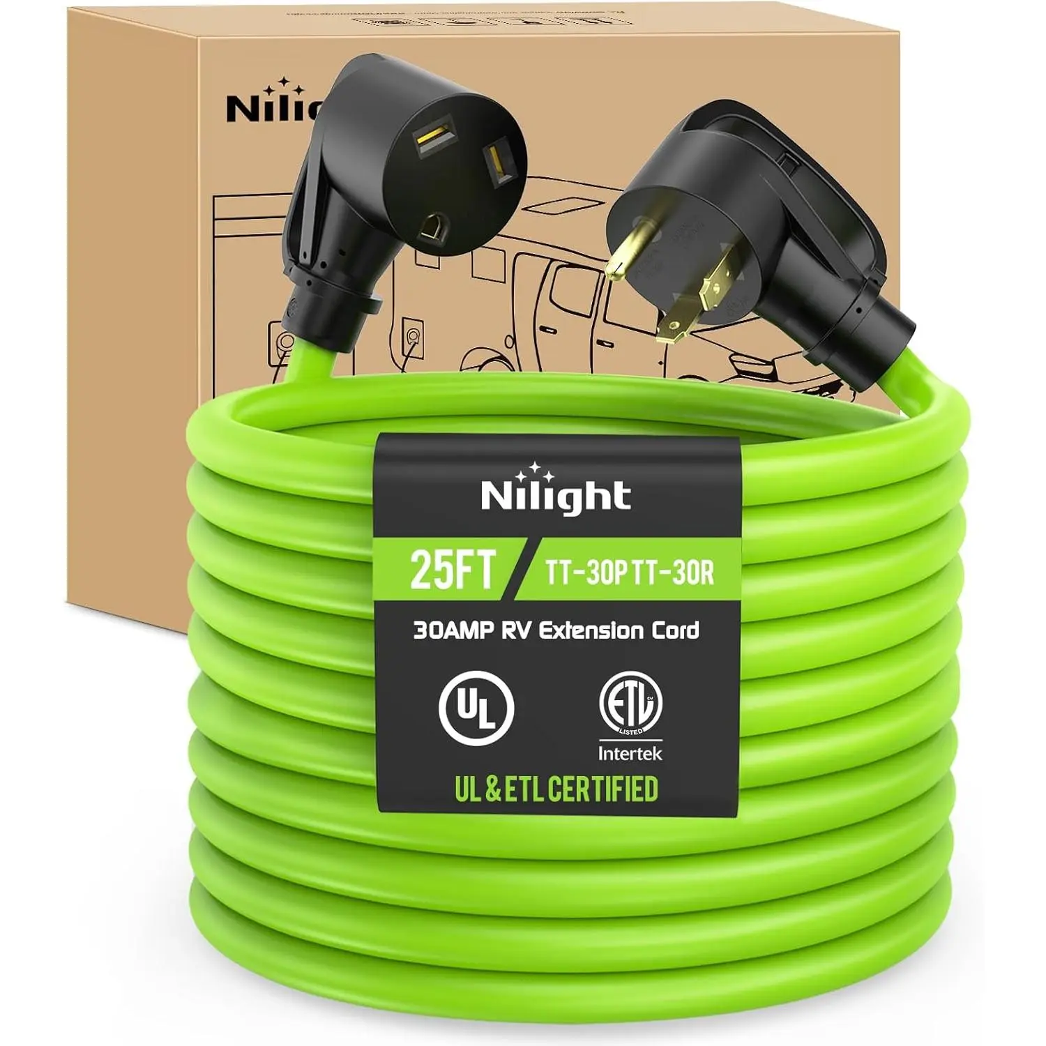 Nilight 25FT 30A RV Extension Cord - Heavy-Duty 125V 10/3 Gauge Pure Copper STW Wire, UL ETL Listed 3-Prong TT-30P TT-30R, Weatherproof Fluorescent Bright Green, Outdoor Safe for Camper, Heavy Duty Cord Reels, Generator