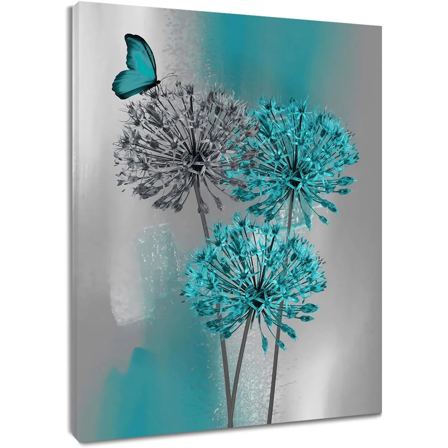 Wooden Framed Teal Dandelion HD Print Wall Art - Grey, Butterfly Accent Modern Abstract Canvas, Hanging Home Decoration for Living Room, Accent Wall Home Inspo