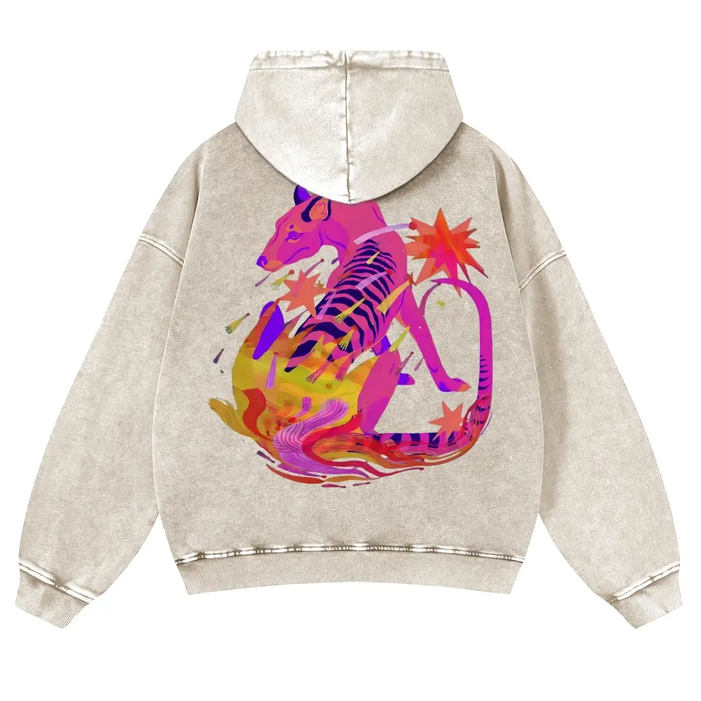 Unisex Casual Acid Wash Hoodie, Vintage Streetwear Pullover with Psychedelic Wolf Graphic, Soft & Thick Oversized Cotton Blend Sweatshirt, Jeans, Tops, Fabric, Longsleeves, Multi-Size
