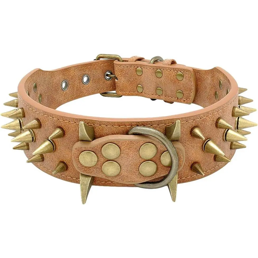 Classical 2" Spiked Leather Dog Collar - Anti-Bite Sharp Rivet Studded for Pit Bulls, Shar Pei, Cockapoo, Medium-Large Dogs - 14-19" Neck Fit, 21.5" Total Length, Brown