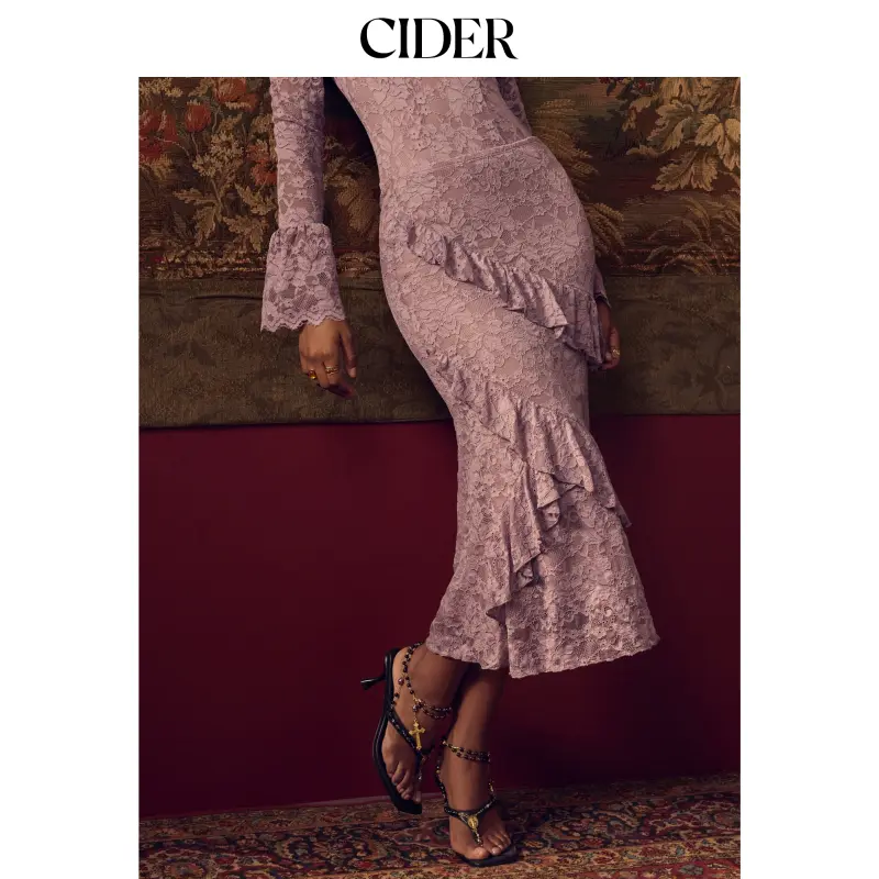 Cider Lace Mid Rise Ruffled Mermaid Maxi Skirt