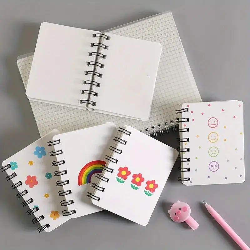 Little Bear Flower Heart Expression Side Flip Ring Notebook A7 Mini Portable Student Pocket Spiral Bound Writing Aesthetic Cute Stationery Supplies Journal