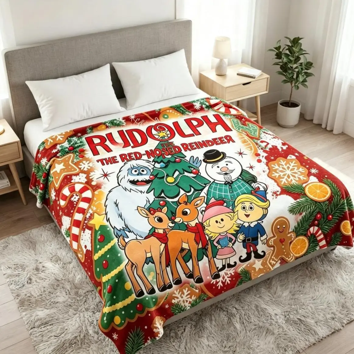 Rudolph the Red-Nosed Reindeer Inspired Flannel Blanket for Adults and Kids, Creatively Inspired Winter Design, Warm Sofa Bed and Office Cover, Perfect Birthday or Holiday Gift, Christmas Home Bedding