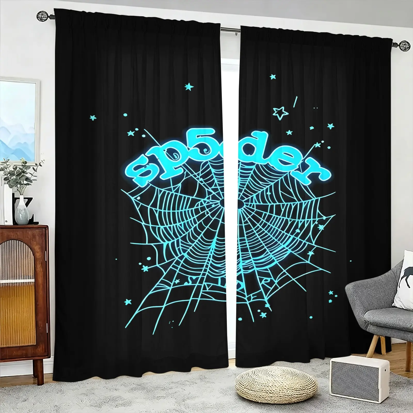 Black Base Fluorescent Blue Spider Web Print Decorative Curtains, 2 Panels Rod Pocket No Drilling Easy Install, Sun Protection Noise Reduction, Hip Hop Street Style Drapes, Teens Bedroom Living Room Dorm Decor