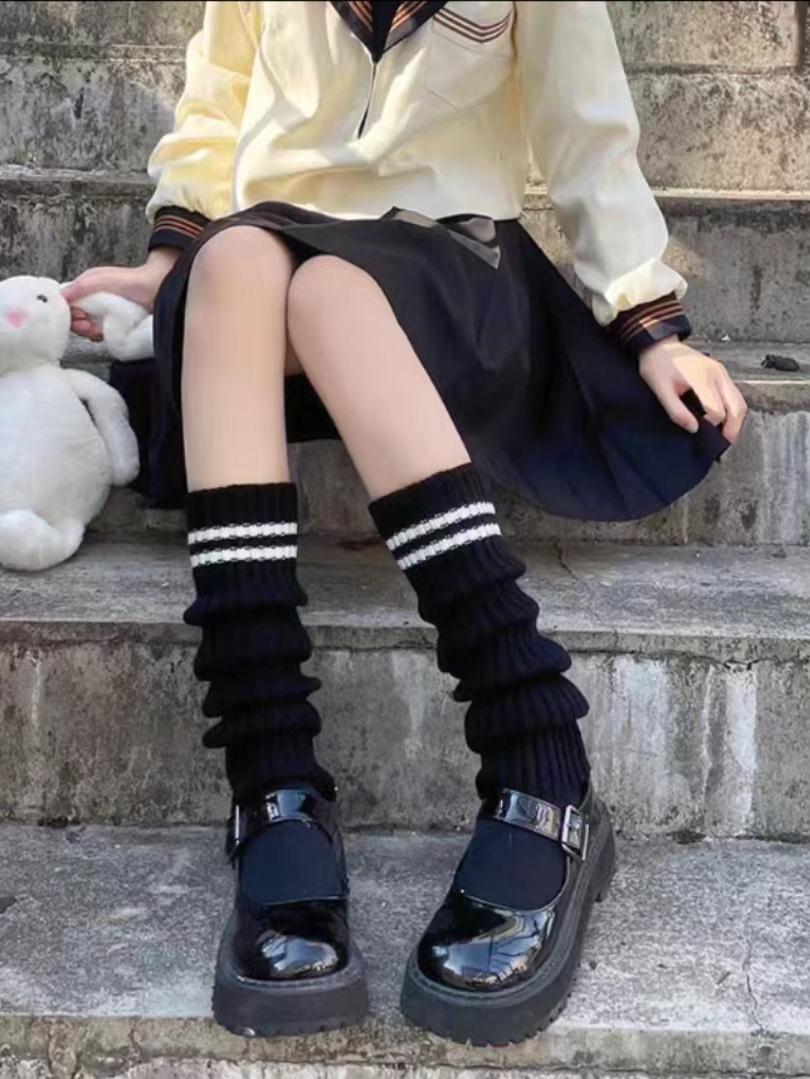 KOSAHIKI Lolita Socks Goth Striped Knit  Girl Leg Warmers Women Japanese  Harajuku Winter Boot Cuffs Legs Cover