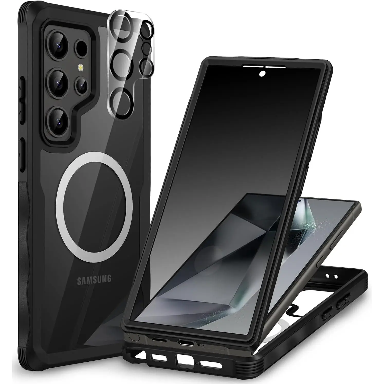 Magnetic Privacy for Samsung Galaxy S24 Ultra Case, Full Body Phone Case with Built-in Privacy Screen Protector and Camera Lens Cover, Anti Peep Shockproof Protective Clear Bumper - Black