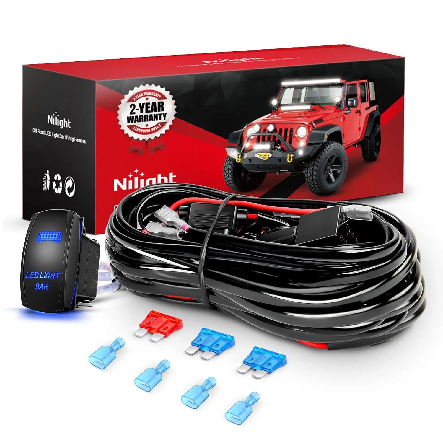 Nilight 16AWG Wiring Harness Kit (10011W) - 2-Lead LED Light Bar Accessory with 12V On/Off Control, 5-Pin Rocker Switch, Power Relay, Blade Fuse, Waterproof Cap for Jeep, Trucks Vehicle #SummerVibes, Led Car Ambient Light