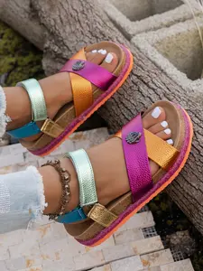 Women's Summer Sports Sandals, Thick Sole Colorful Velcro, Open Toe Beach Shoes, Casual Student Footwear, Textile Upper, Rubber Sole