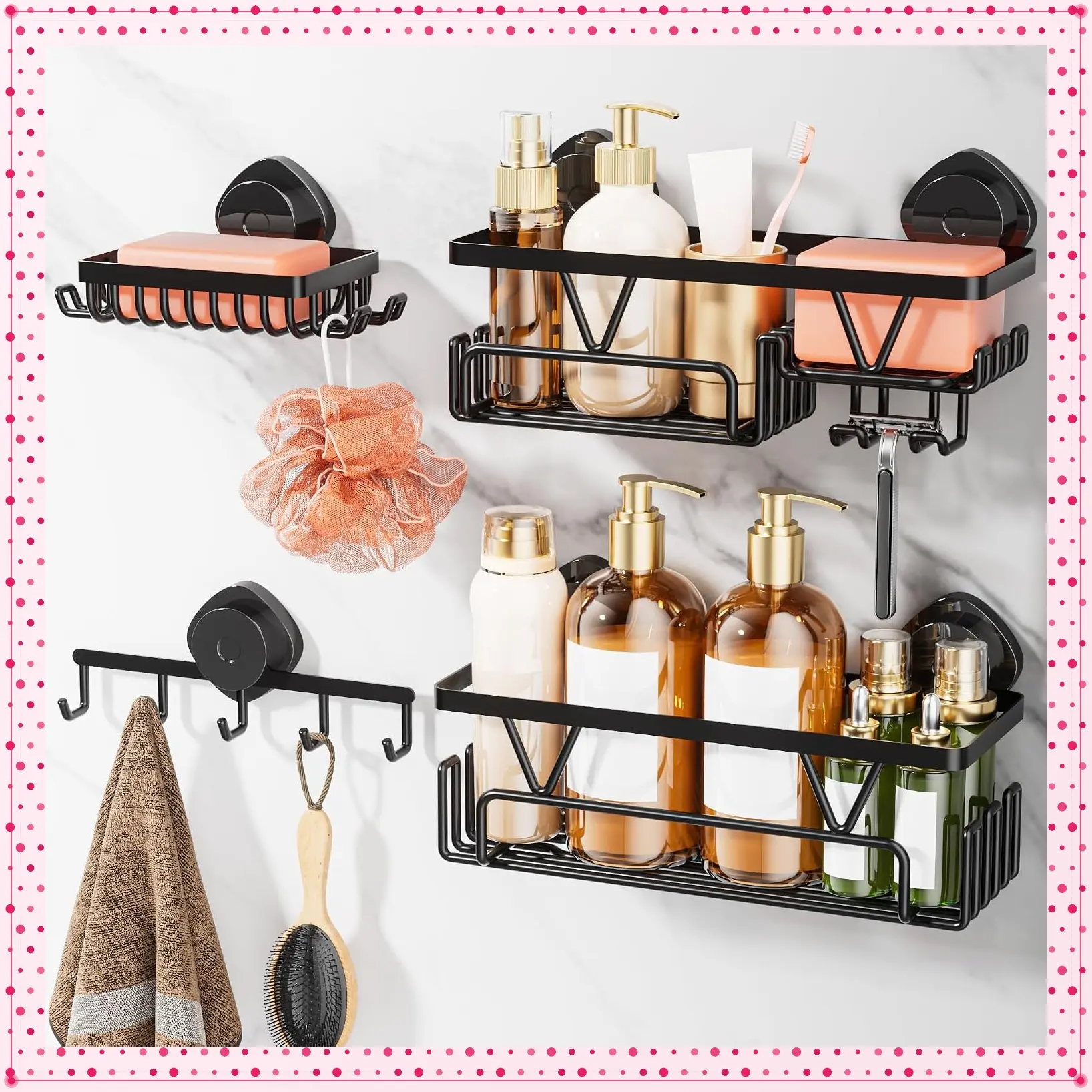 4 Pack Shower Caddy Suction Cup Shelf with Towel Rack, No Drilling Removable Shower Organizer with Hooks & Soap Holder, Space-Saving Bathroom Storage, BlackGift