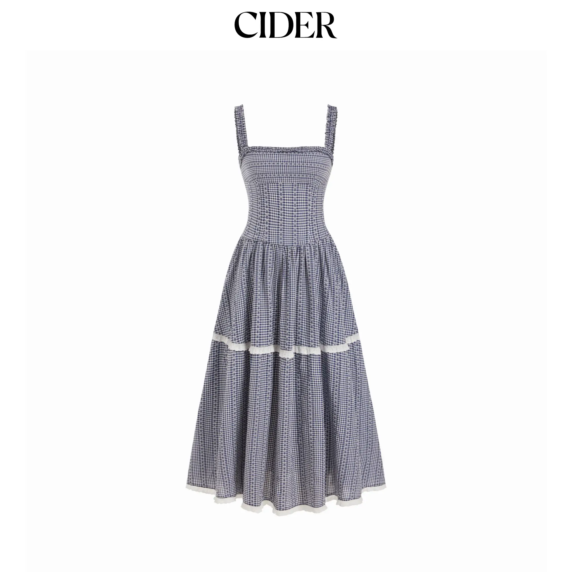 Cider Cotton-blend Gingham Square Neck Ruched Lace Trim Flared Maxi Dress