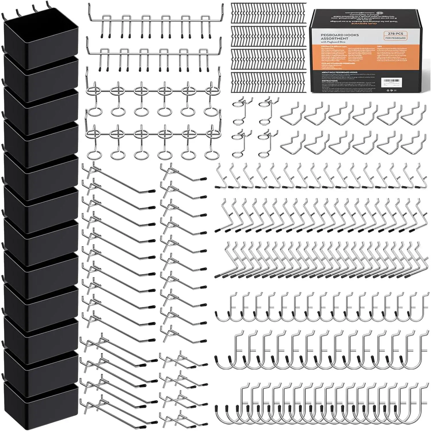 278PCS Pegboard Accessories Assorted Set - Hooks & Bins Organizer Kit with Sliding Hook, Sliding Fit, Stable Peglocks, Organizing Tools, Fits 1/8 or 1/4 in Pegboard for Garage Wall Storage
