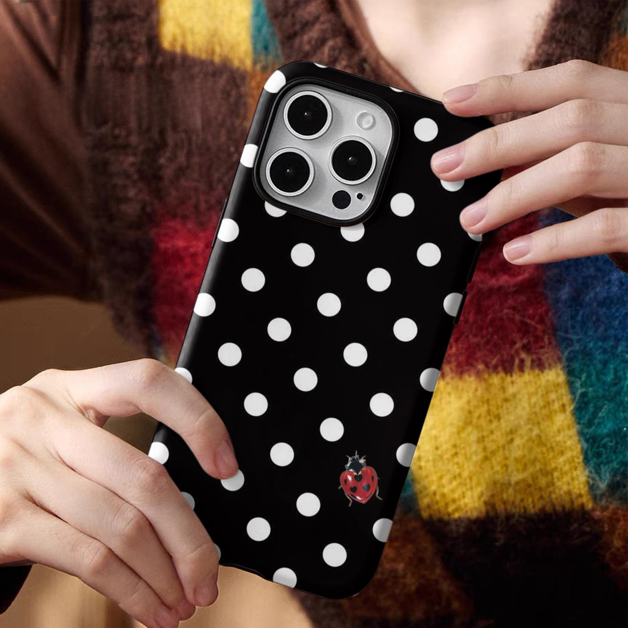 Wave dot ladybug pattern, durable, shock-absorbing and glossy 2-in-1 phone case, suitable for iPhone 17 16 15 14 13 12 11 X, Samsung and other series models, can be given as a holiday gift to friends or home