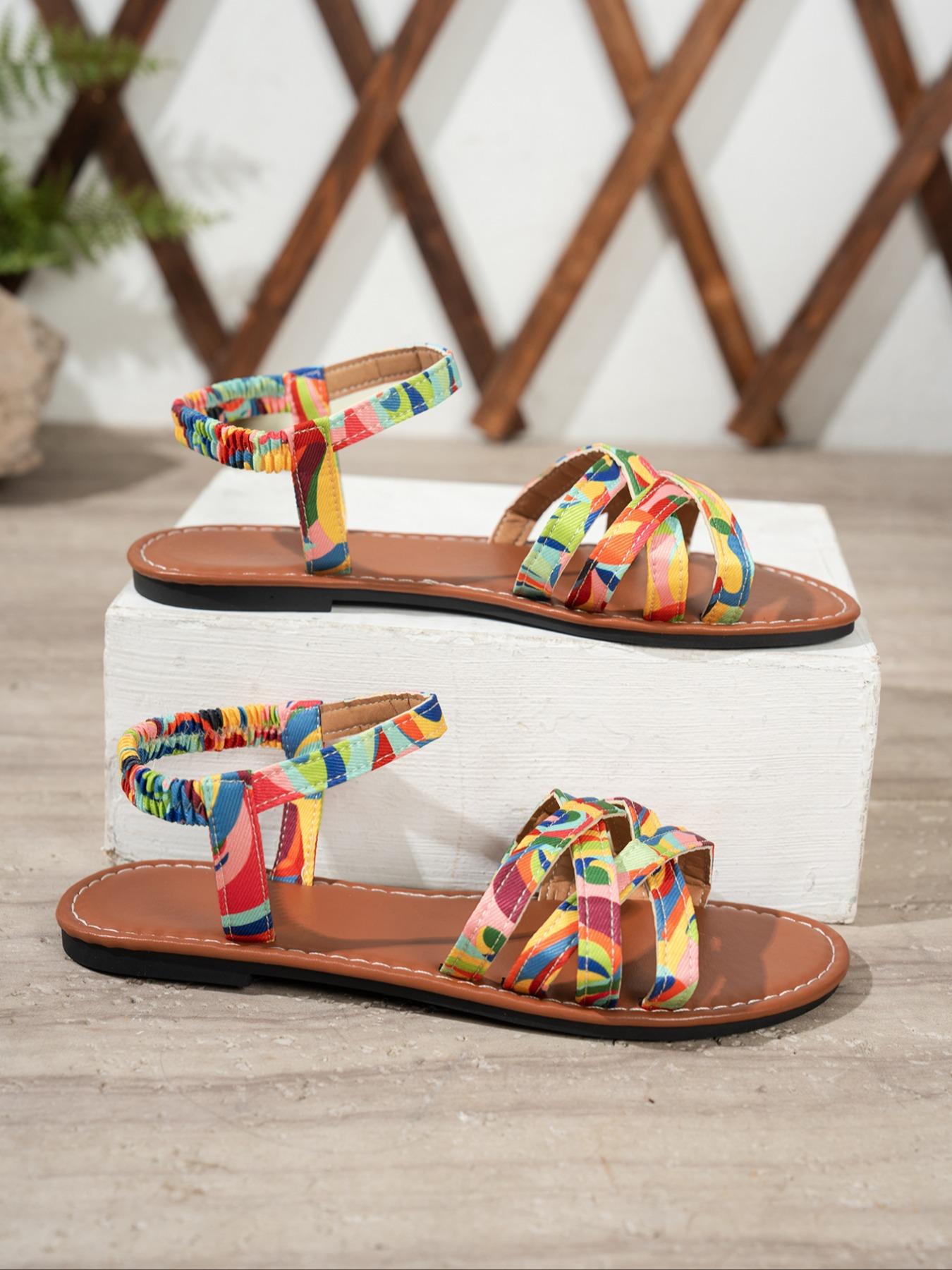 Women's Fashionable Rainbow Colorful Band Design, Casual Open Toe Slip on Multi Strap Sandals for Beach, Fashionable Shoes for Daily Wear, Summer