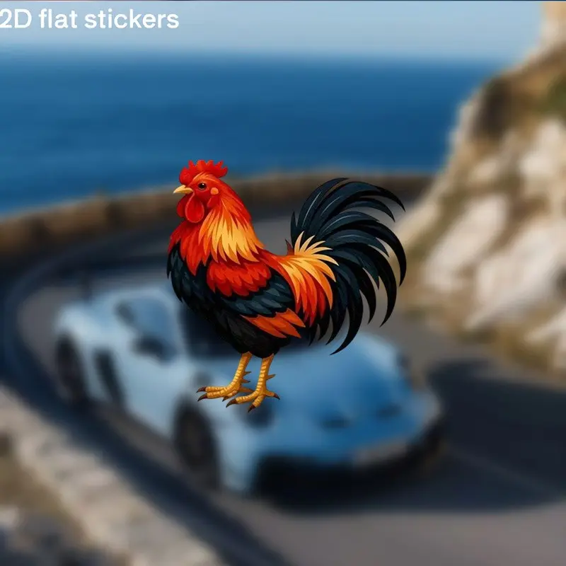 2D flat decorative stickers featuring brightly colored rooster designs- perfect for cars, motorcycles, laptops, and water bottles. It's the perfect choice for holiday and birthday gifts!