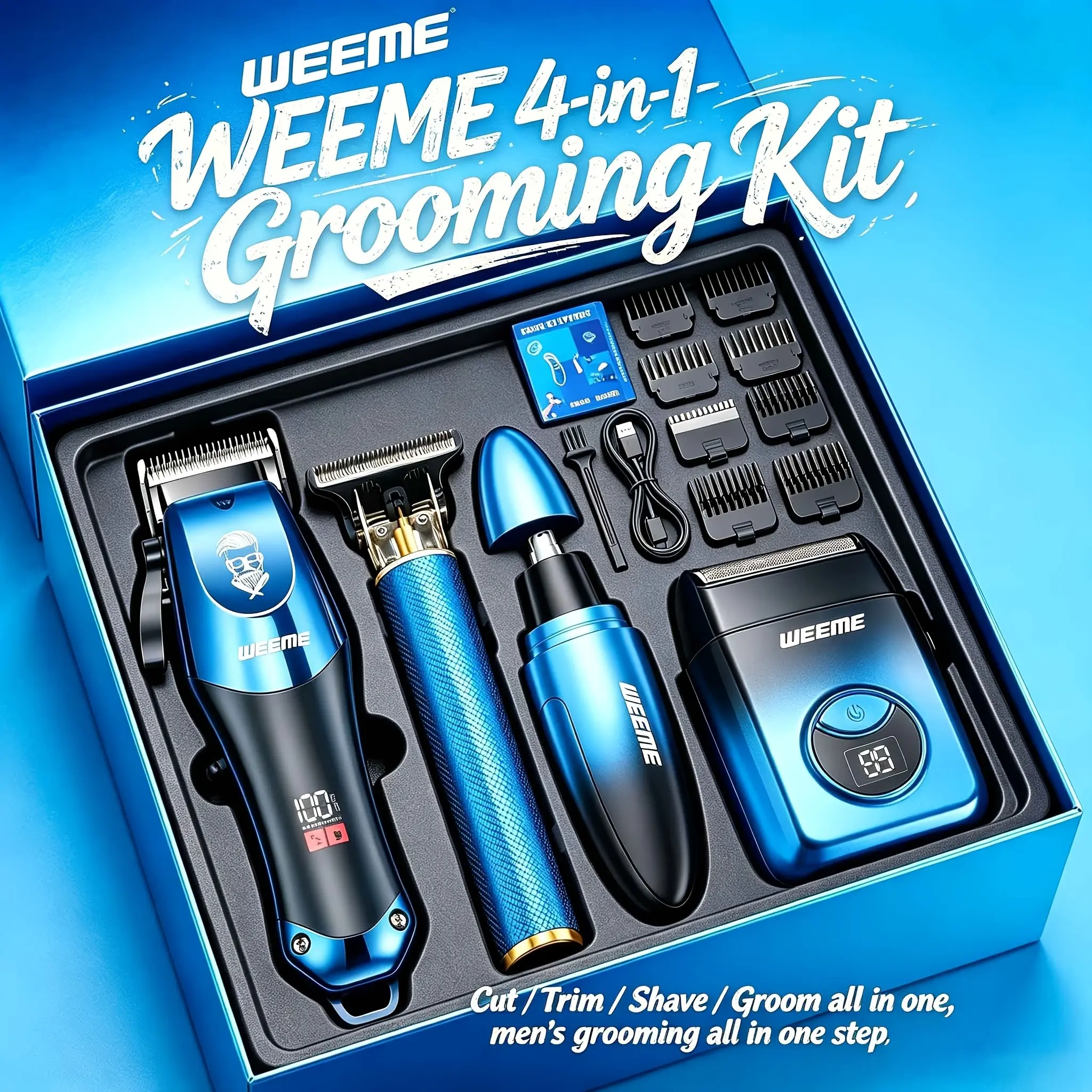 4-Piece Men's Professional Blue Hair Clipper Set, Cordless Trimmer with LED Display, Includes Razor Head and Nose Trimmer, Perfect Christmas Gift