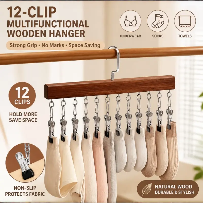 Multi-functional 12-clip hanger for home use, no-mark clips for drying underwear and socks, 2-pack. Yoga pants hanger can hold 24 pairs of pants, space-saving hanging wardrobe organizer, can be used to hang underwear, belts, socks, and hats.