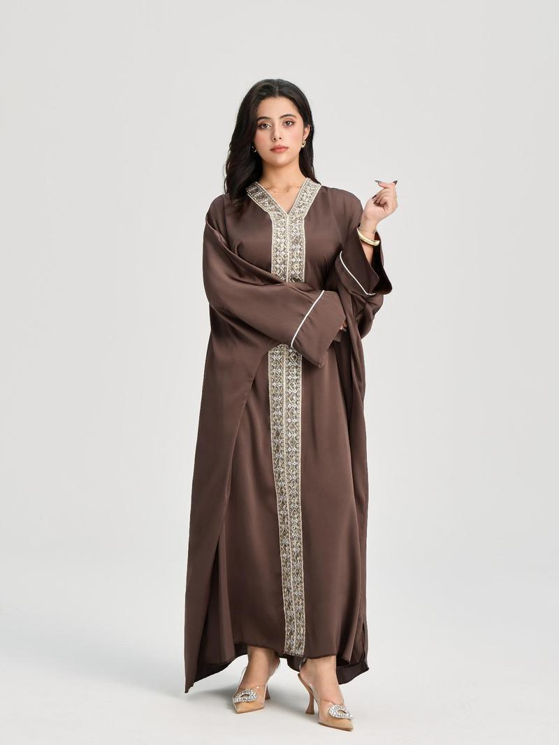 Women's Lace Embellishment V Neck Abaya, Modest Long Sleeve Maxi Dress for Party Wedding Guest, Ladies Islamic Clothing for All Seasons, Modest Muslim Outfits