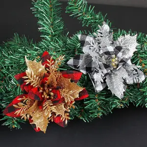 6pcs/12pcs/24pcs Flashing Christmas Potted Plants, Buffalo Plaid Artificial Christmas Flowers, Holiday Decorations