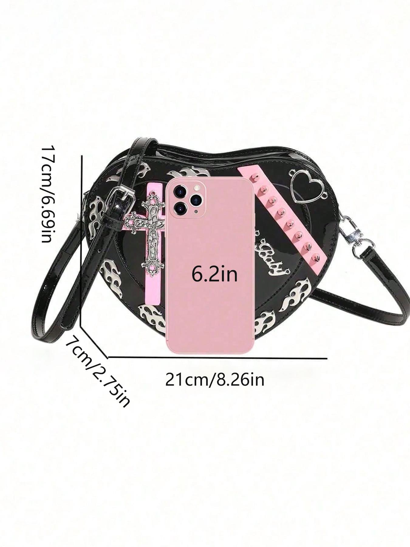 Halloween dark heart-shaped bag, Gothic cross flame decoration, black and pink contrast rivet shoulder crossbody bag, Fashionable crossbody bag, with multiple colors to choose from, suitable for daily travel, shopping