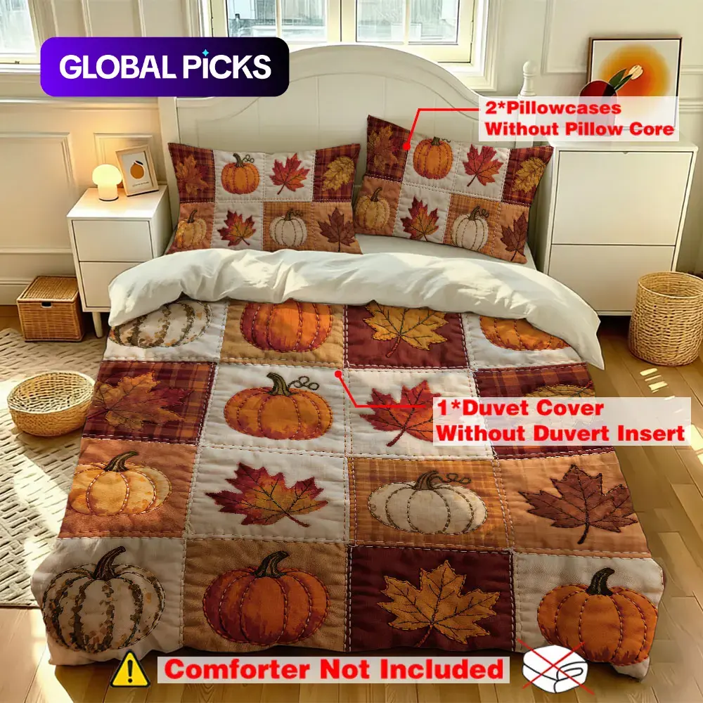 A three-piece set (1 duvet cover + 2 pillowcases, without filling) featuring pumpkin and maple leaf patchwork design. Soft and comfortable theme bedding set, Comfy bedding sets, suitable for all rooms and year-round use #GLOBAL PICKS