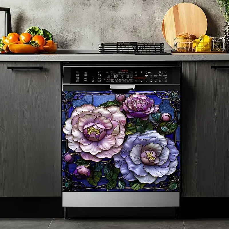 2D Flat 2Pcs Dishwasher Cover Sticker Stained Glass Style Floral Decal with Purple Pink Peony Design for Kitchen Appliance Decoration Home Decor Waterproof Removable Adhesive Front Panel Machine
