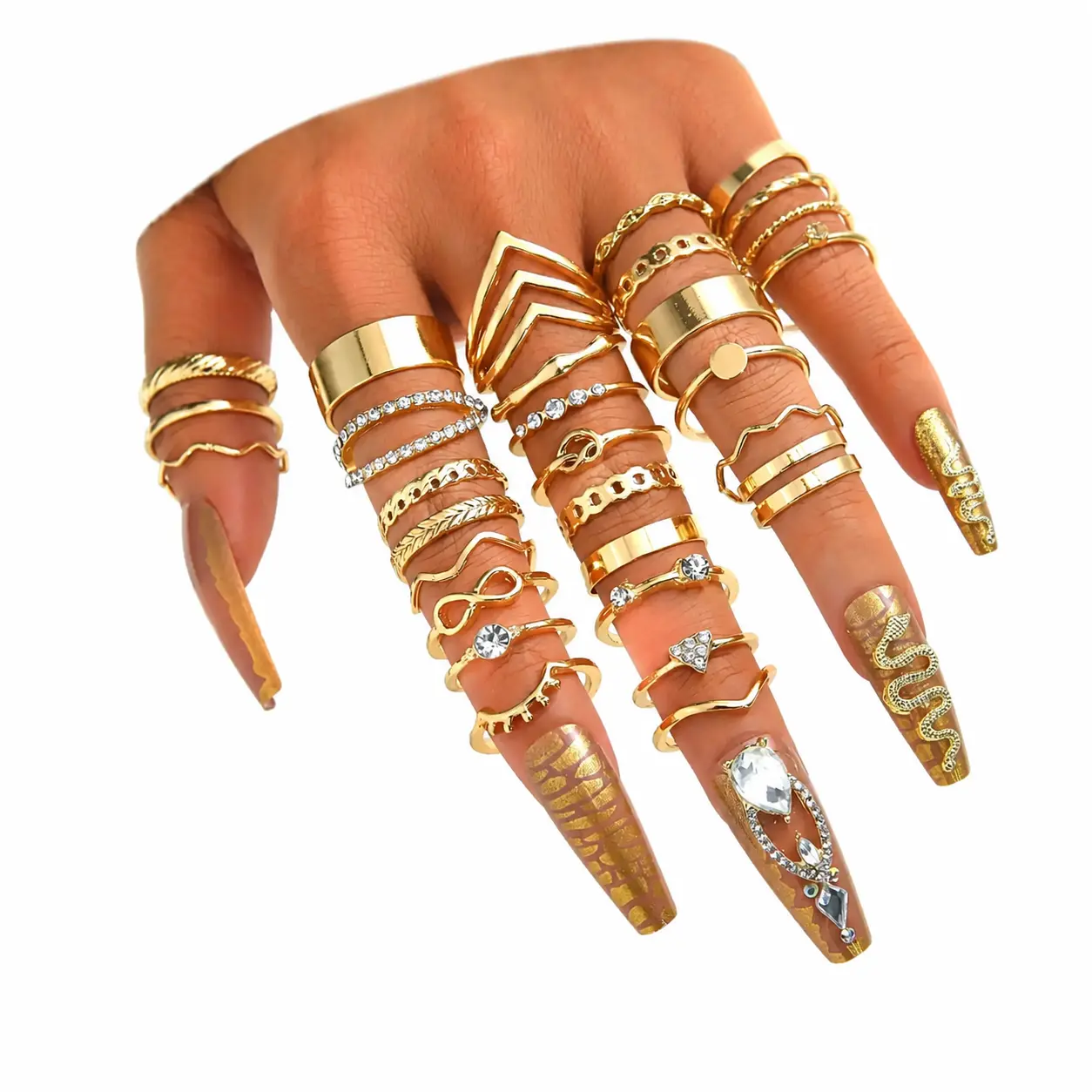 30 or 45-piece stackable finger ring set for women featuring hypoallergenic gold-tone alloy construction, delicate rhinestone accents, minimalist and versatile designs ideal for everyday wear, layering, gifting, or building a personalized jewelry collecti