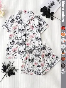 Women's Skull Floral All-Over Print Pajama Set, Casual Fitted Sleepwear, Fitted Sporty Style, Short Sleeve Button-Up Top & Loose Comfortable Shorts, Dark Theme Gothic Sleepwear, Loungewear