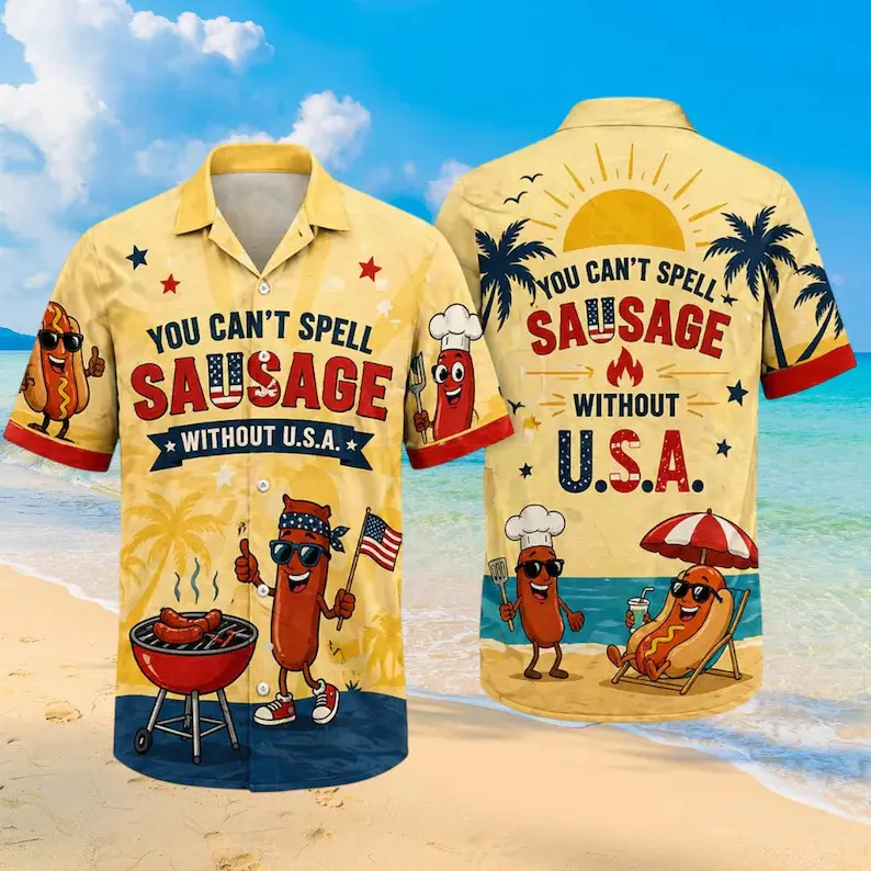 Funny Sausage Hawaiian Shirt, You Cant Spell Sausage Without USA Shirt, Patriotic BBQ Aloha Shirt, 4th of July Beach Shirt #   TikTokMadeMeBuyIt #   TikTokShop
