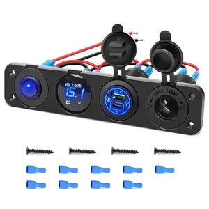 Nilight 4-in-1 Vertical/Horizontal Car-Mounted Charger Socket Panel - 12-24V DC, ON/OFF Switch, Blue, PD Type C, QC 3.0 USB, Voltmeter, Cigarette Lighter Compatible, ATV Fast Charging