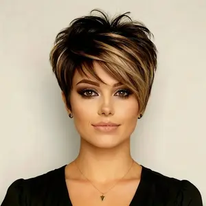 Women's Brazilian Remy Human Hair Wig - Short Pixie Cut with Ombre Color (1B/27#   & 1B/99J), Rose Net, Machine-Made Straight Hair Wig Suitable  Daily Wear, Parties & Volume - Full Density, Look & Comfortable Wear reverse  ombre  wig  topper samples