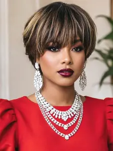 Highlight Golden Short Pixie Cut Human Hair Wigs for Women, Colored Wigs, Machine Made, Stylish and Trendy Hairstyles