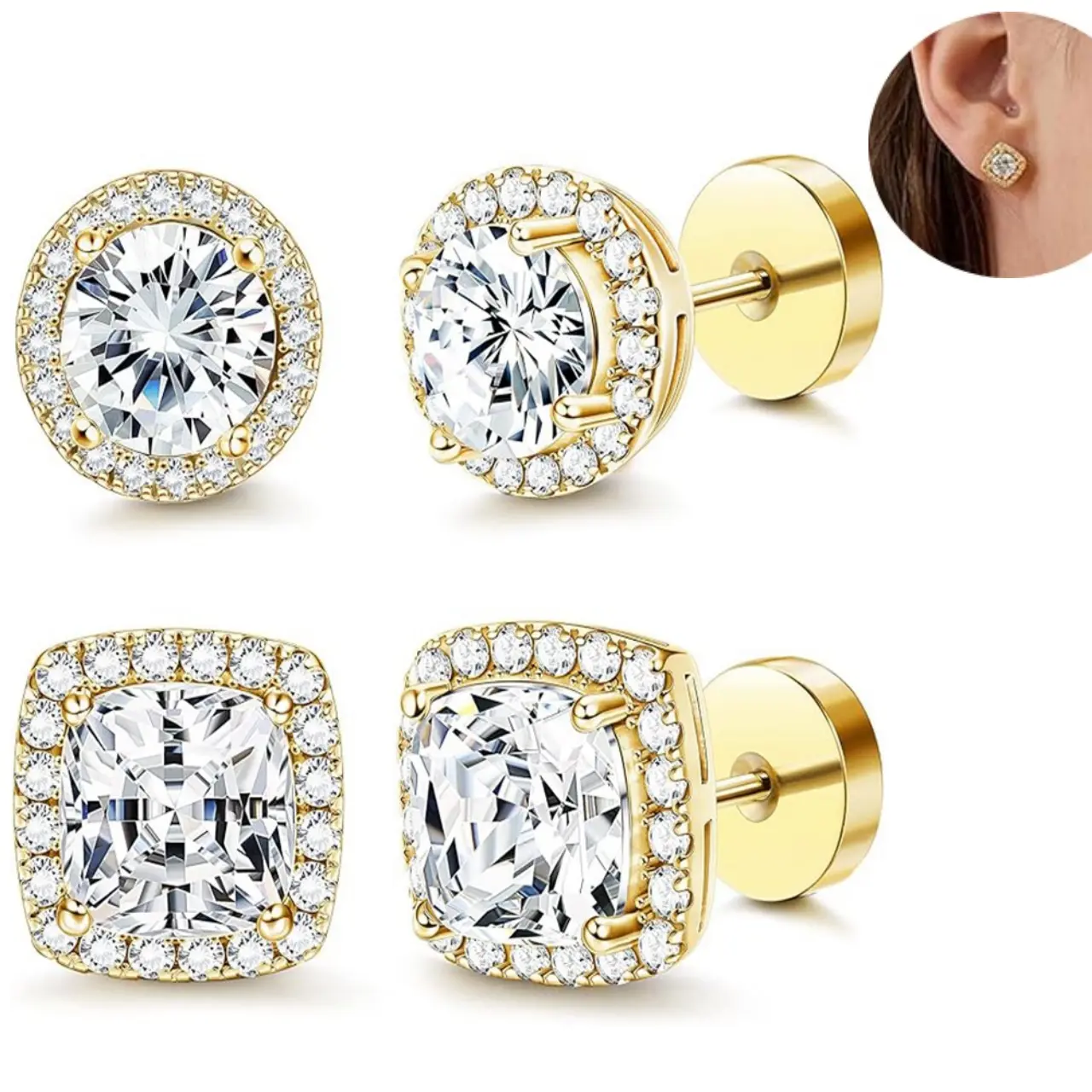 Gold Plated Brilliant Faux Diamond Halo Earrings for Women Men - Premium Cubic Zirconia Stud Earrings, 2 Pairs Trendy All Match & Exquisite Jewelry Accessories,Hypoallergenic Studs Earrings for Sensitive Ears Earring Daily Clothing Decor,Mother's Day Gift