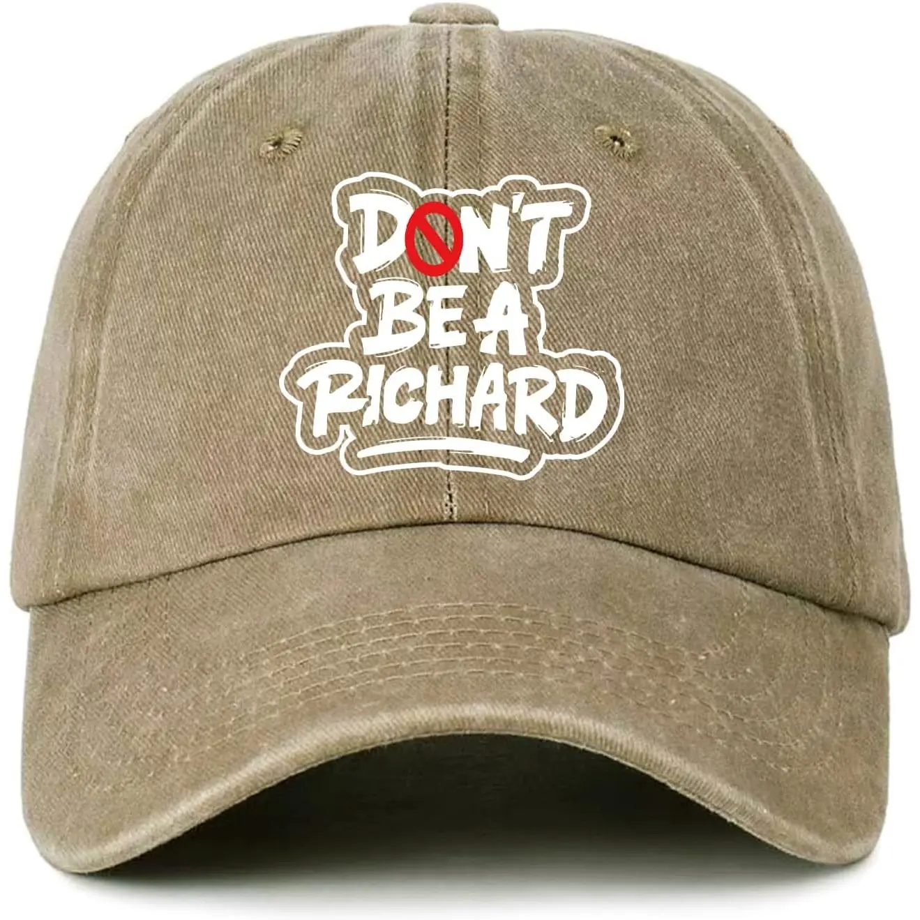 Unisex Distressed Washed Khaki Baseball Hat - 100% Cotton, Breathable Fabric, 1 Size Fit, "Don't Be A Richard" Printed Text, Adjustable, Herradura Style, Funny Gag Birthday Gift for Family & Colleagues, Casual, One Size Fit
