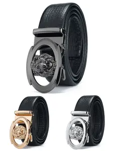 Pure Cowhide Men's Automatic Buckle Fashion Belt, Casual Lion Head Metal Hardware Leather Waistband, All Seasons Men's Western Buckle Belt