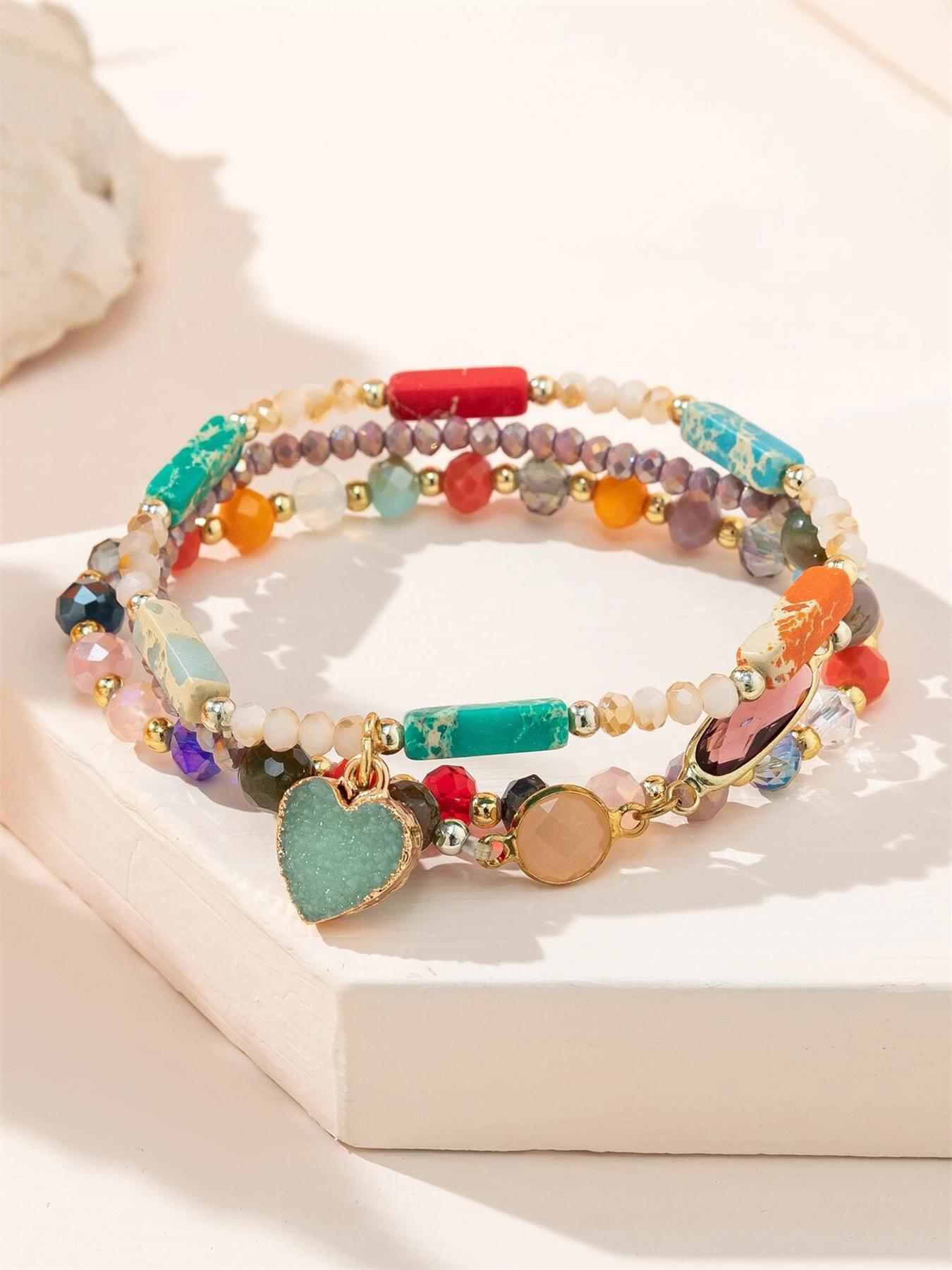 Boho Style Heart Charm Decor Beaded Bracelets, Heart Shaped Bracelet, Heart Design Bracelet, Fashionable Beaded Bracelets for Women & Girls, Trendy All-match & Exquisite Jewelry for Birthday Gift