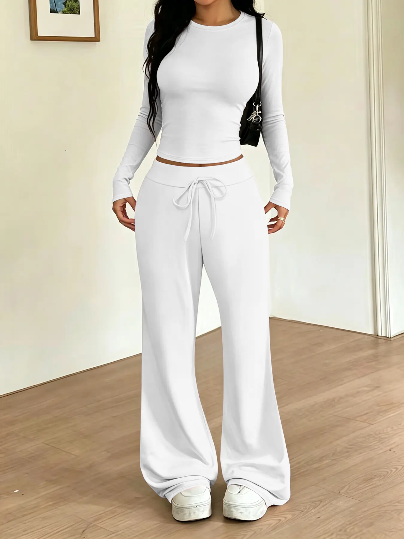 2-Pack Women's Matching Outfit, Simple Long Sleeve Tee and Micro Flare Pants Set