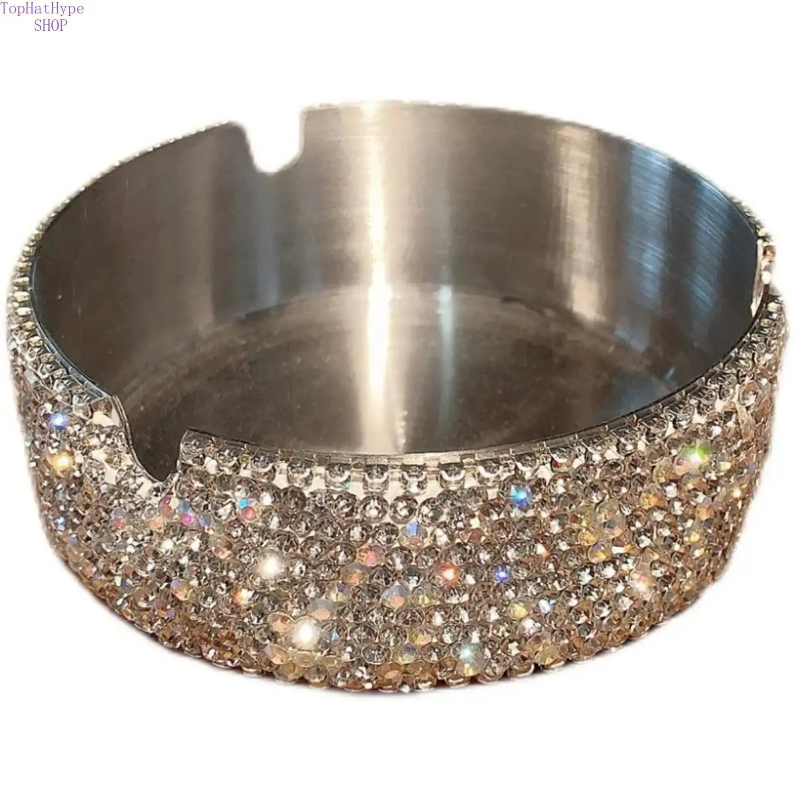 Round Stainless Steel Windproof Ashtray with Lid, Diamond Encrusted Decor Ornament for Home Office, 8.5cm One-Piece Design