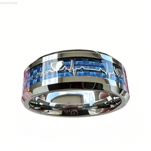 Stainless Steel Heart Ring With Carbon Fiber Inlay Polished Stylish Women Daily Party Love Statement Jewelry Gift