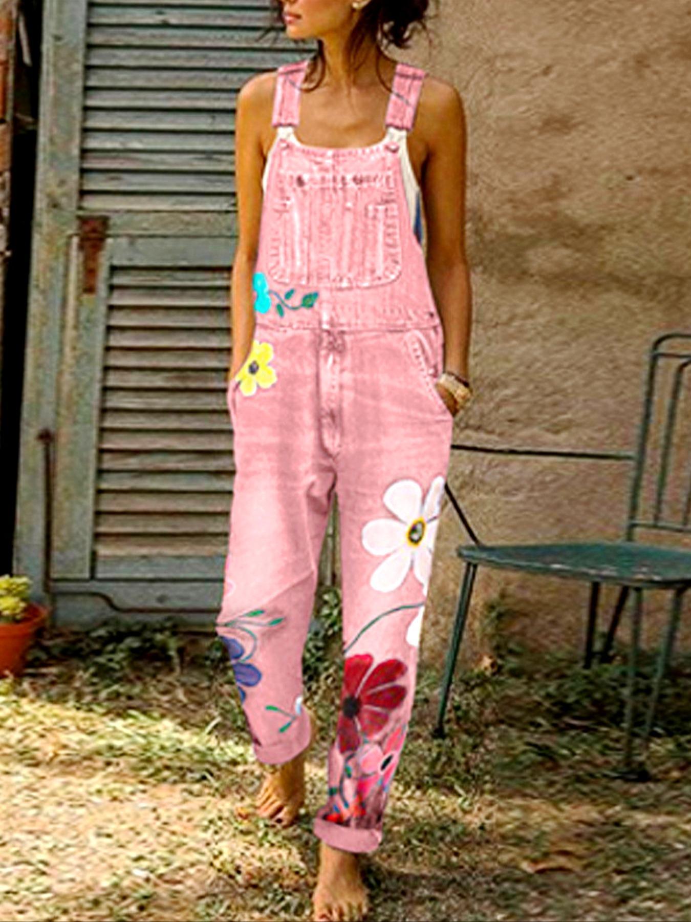 Women's Denim Jumpsuits in Spring, Summer and Autumn, Fit Comfortable and Loose Flower Design with Multiple Pockets, Trendy Street Casual Style, Suitable for Women's Daily Travel, Casual Sleeveless Overalls