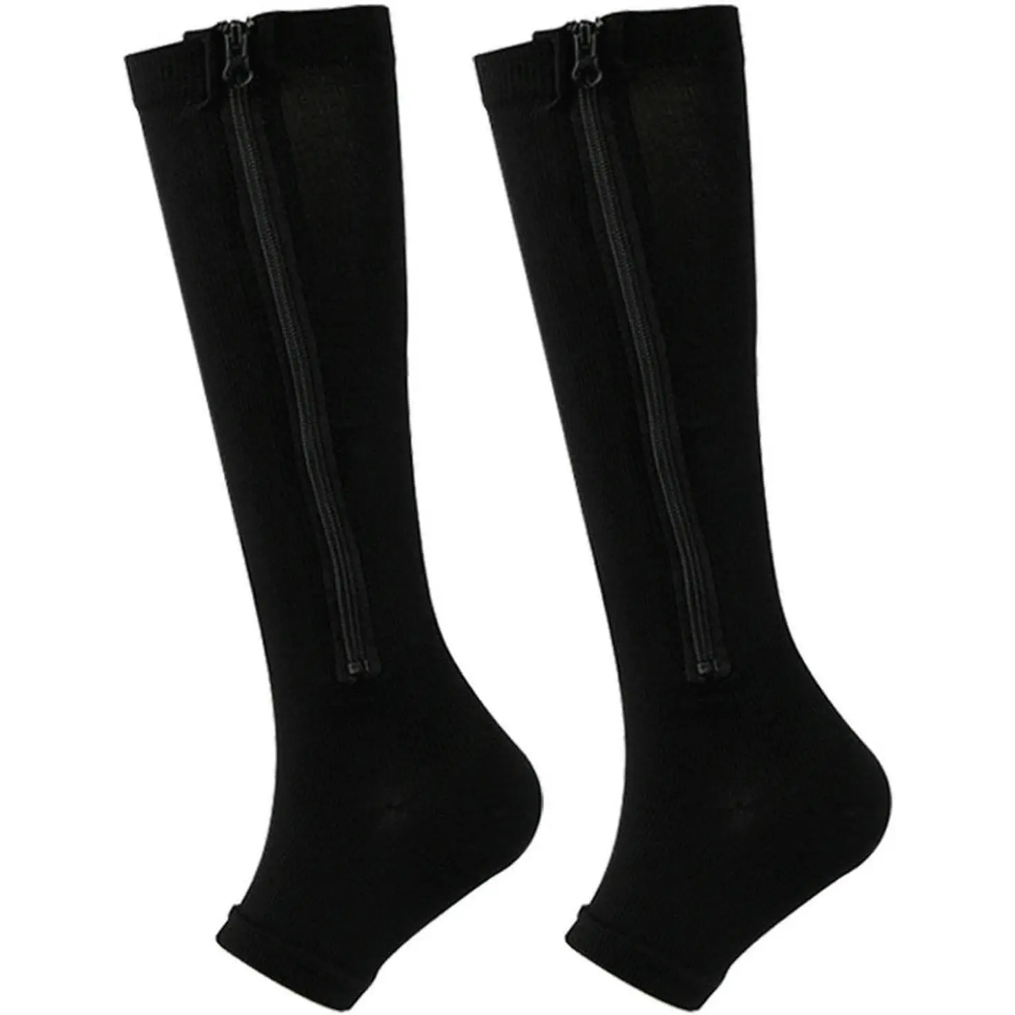 Zipper Compression Socks for Women Men, Open Toe Calf Knee High Socks with Zipper, 15-24mmHg, Support Socks for Sport, Edema