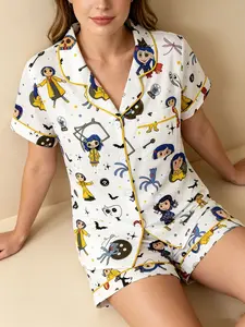 Coraline Cartoon Print Women's Pajama Set, Comfortable Wear-Outside Sleepwear, Short Sleeve Button-Up Top and Elastic Shorts, Casual Home Gift