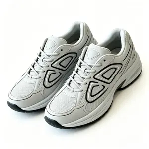 Light Gray Chunky Sneakers with Black Outline Graphics | Dual Leather & Breathable Mesh Upper, Anti-Slip Rubber Outsole for All-Match Daily Casual Wear