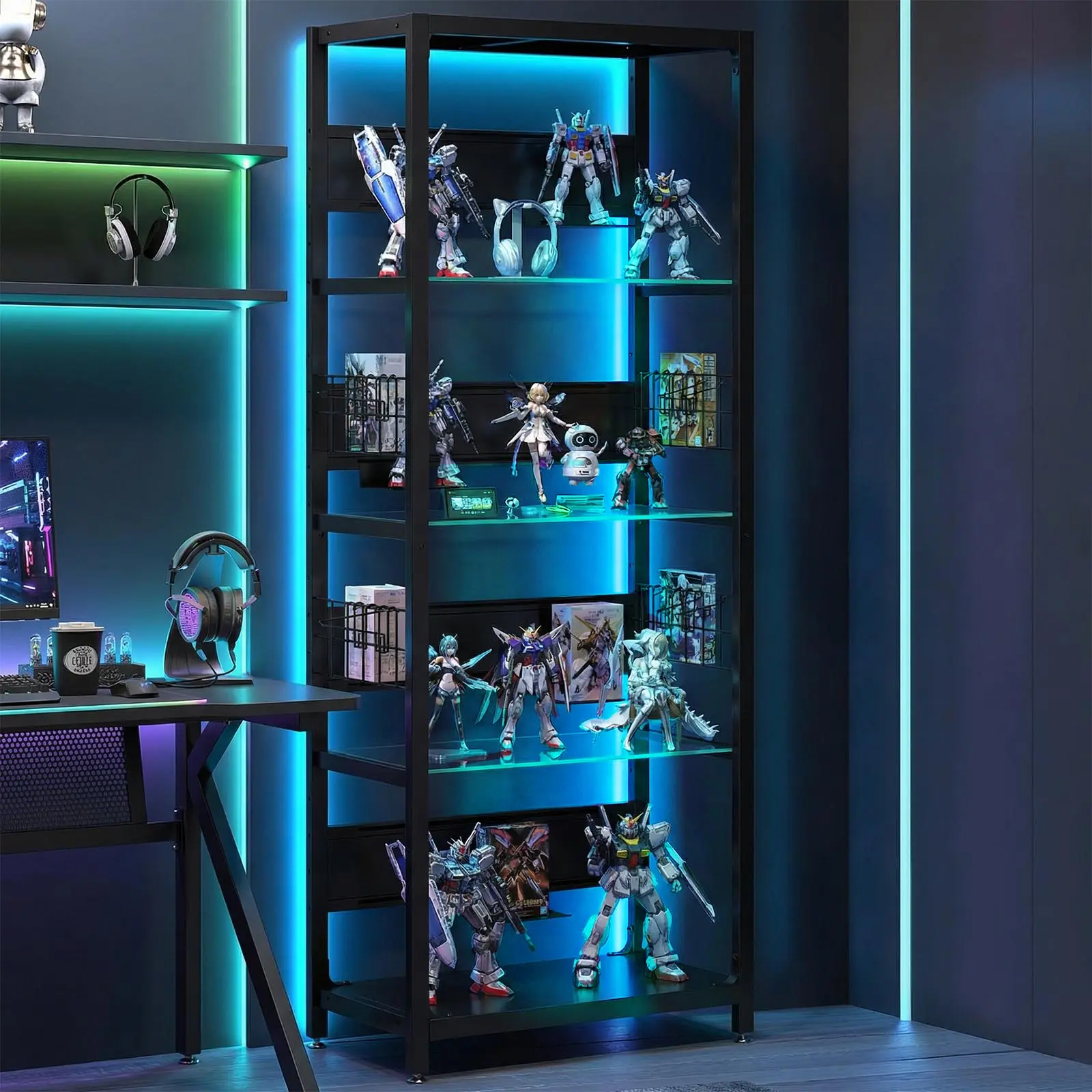 ARCH 4-Tier Glass Display Shelf with RGB LED Lights, Black Metal Frame Standing Curio Cabinet with Adjustable Storage Box & Hooks, Lighted Display Rack for Collectibles, Plants, Books, Living Room, Bedroom, Office, Black Color Options